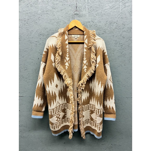 Cocogiò‎ Fringe Cardigan Sweater Women's Large Brown Aztec Knit Italy Wool Blend - Picture 1 of 10
